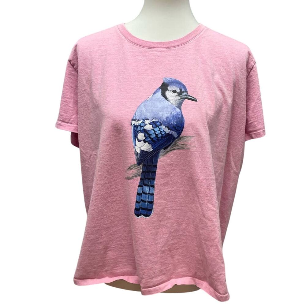Hand Printed Upcycled Womens XL Blue Jay Short Sleeve Cotton Blend Crew Neck Tee